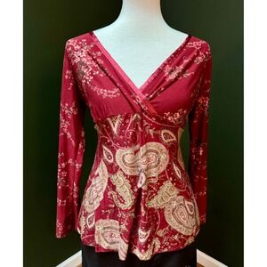 Y2K Two Beautiful Burgundy Paisley Floral V-Neck Long Sleeve Boho Top Women's S